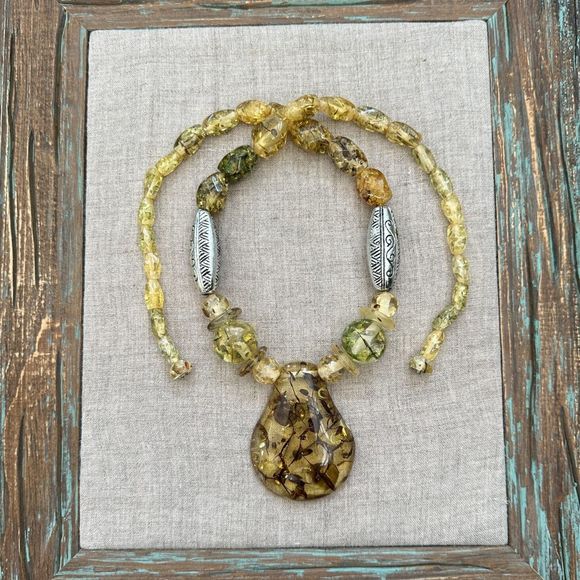 Chunky Vintage Confetti Lucite Faux Amber Graduated Bead Necklace 15" Retro MCM - Picture 2 of 14